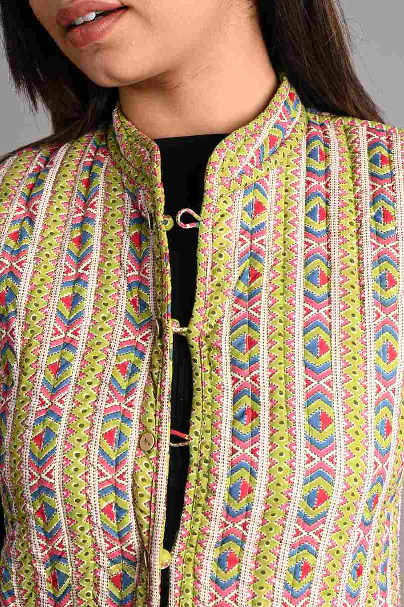 Winter Green Sleeveless Reversible Jaipuri Cotton Quilted Jackets For Women