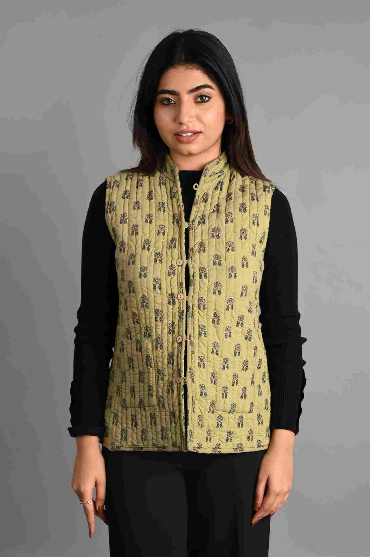 Winter Green Sleeveless Reversible Jaipuri Cotton Quilted Jackets For Women