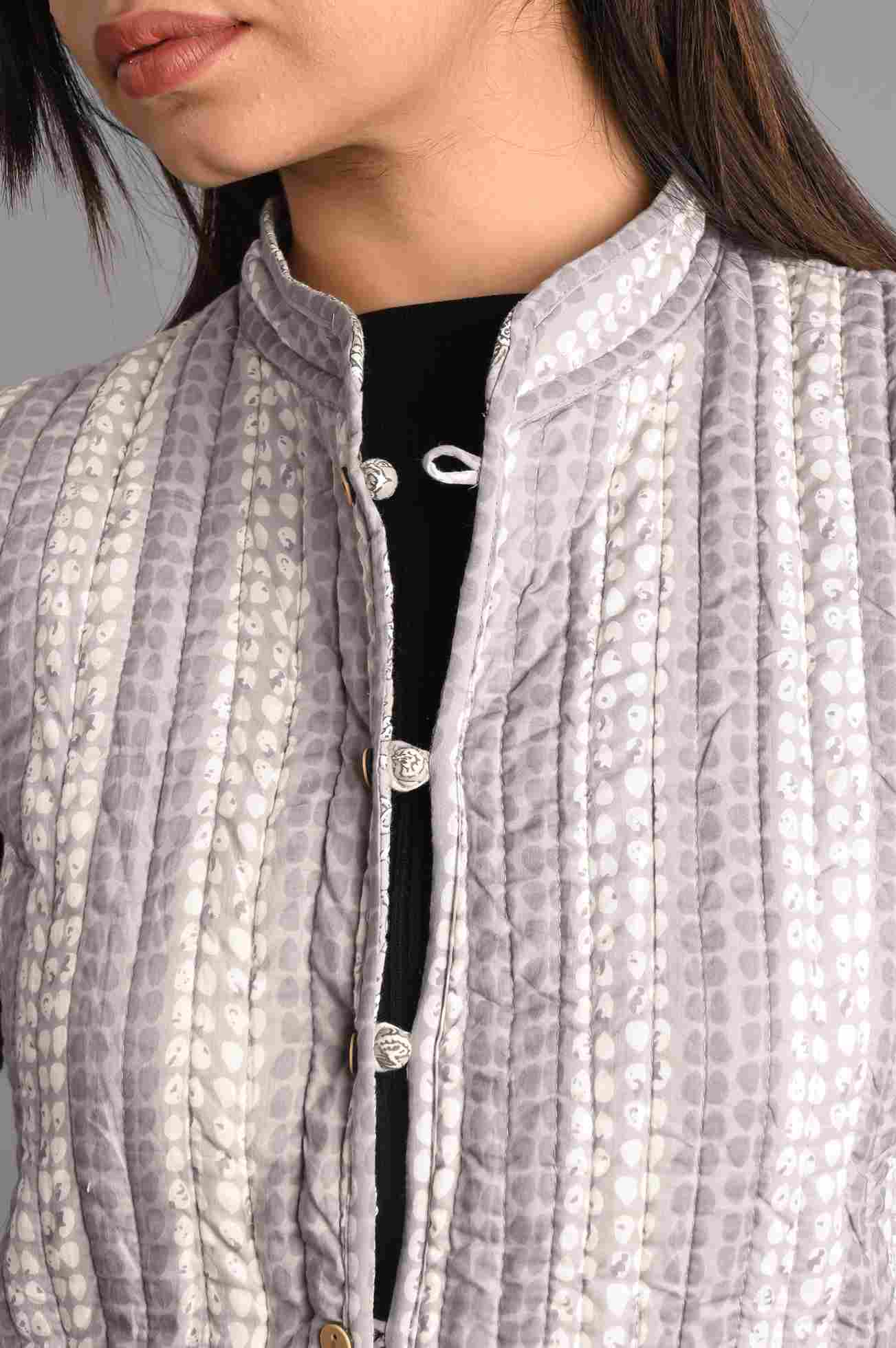 Winter Grey Sleeveless Reversible Jaipuri Cotton Quilted Jackets For Women