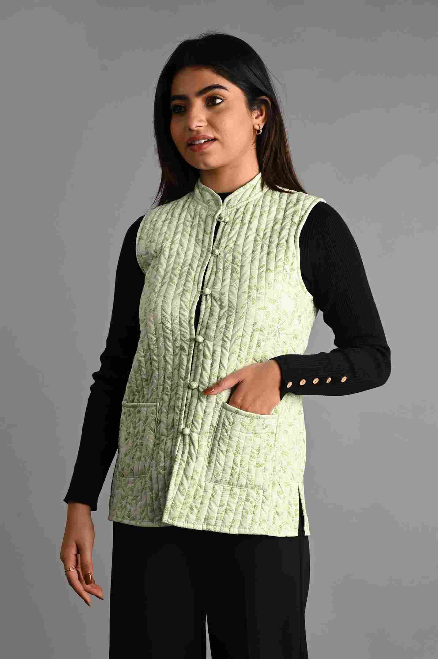 Winter Pista Green Sleeveless Reversible Jaipuri Cotton Quilted Jackets For Women