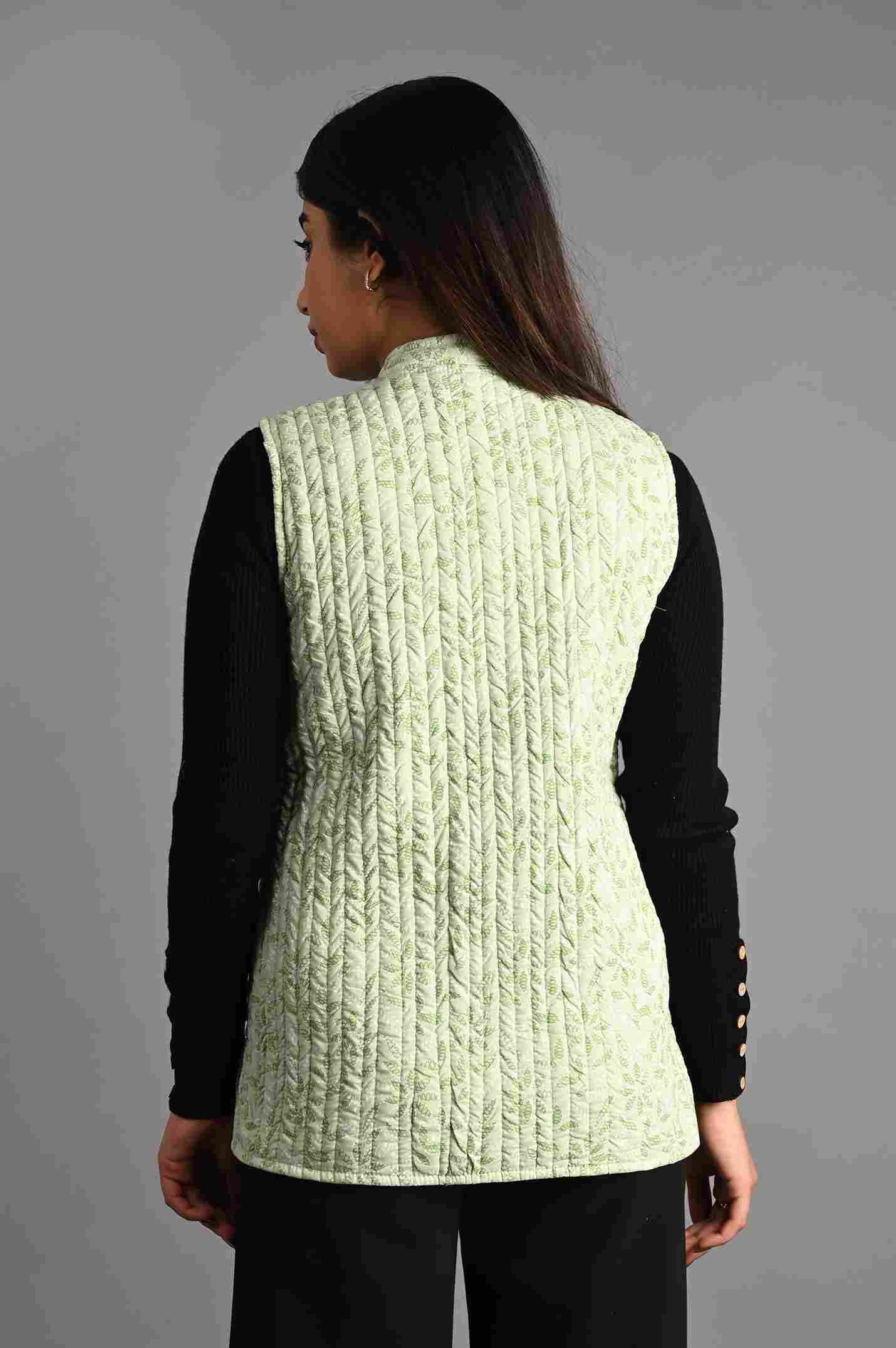 Winter Pista Green Sleeveless Reversible Jaipuri Cotton Quilted Jackets For Women