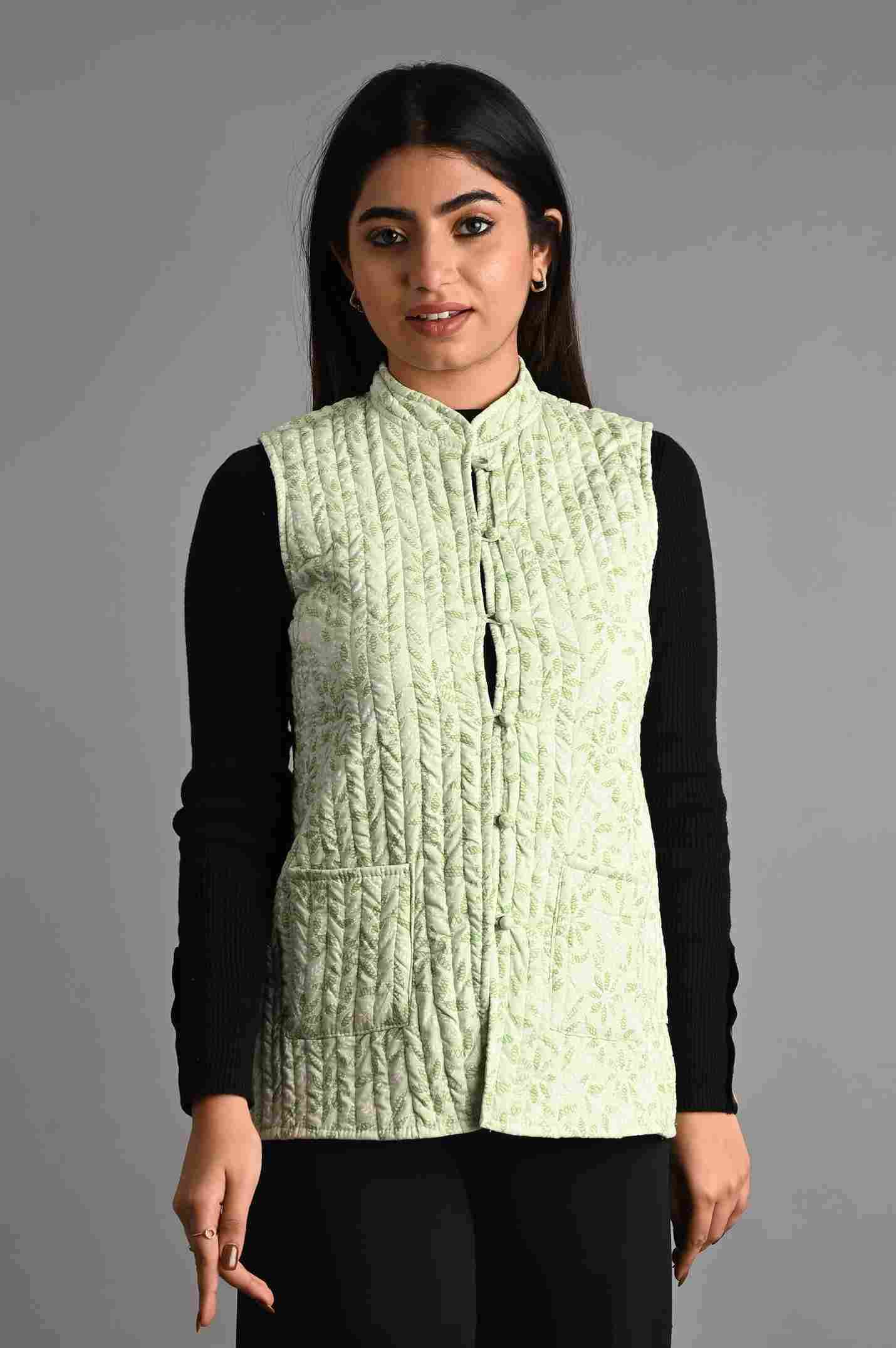 Winter Pista Green Sleeveless Reversible Jaipuri Cotton Quilted Jackets For Women