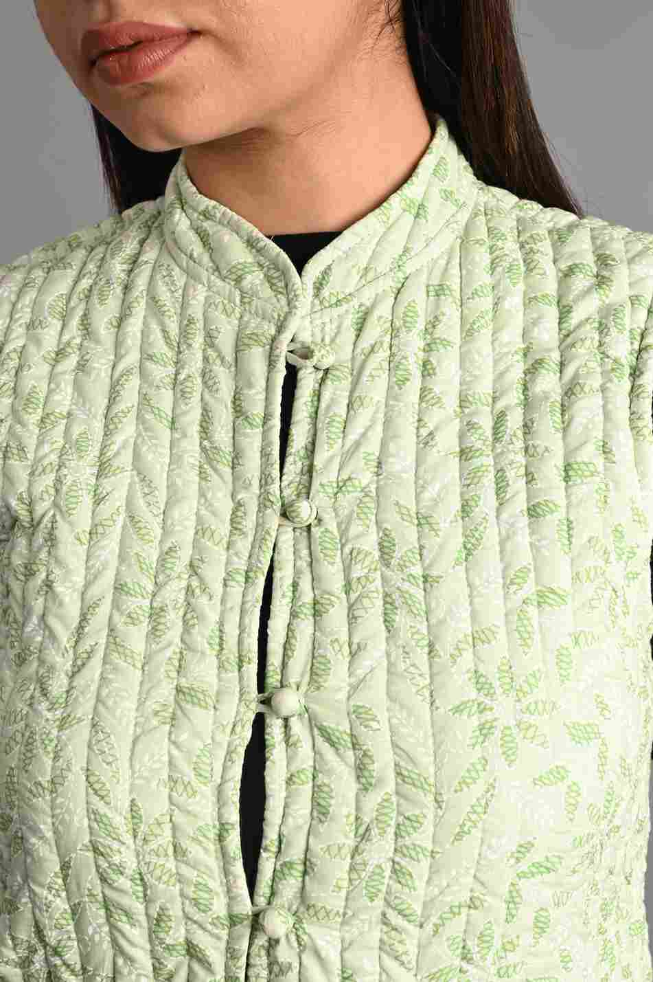 Winter Pista Green Sleeveless Reversible Jaipuri Cotton Quilted Jackets For Women