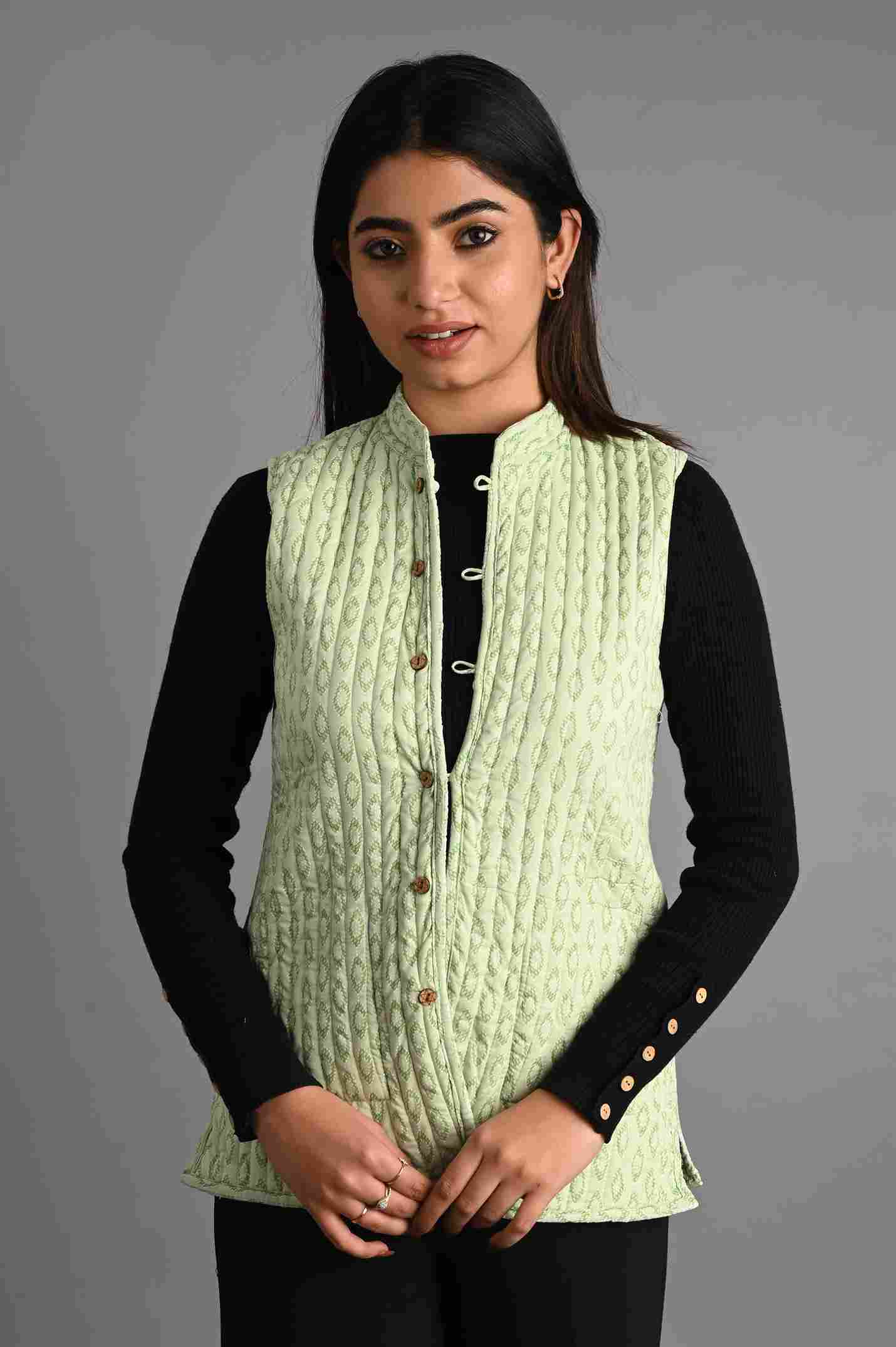 Winter Pista Green Sleeveless Reversible Jaipuri Cotton Quilted Jackets For Women