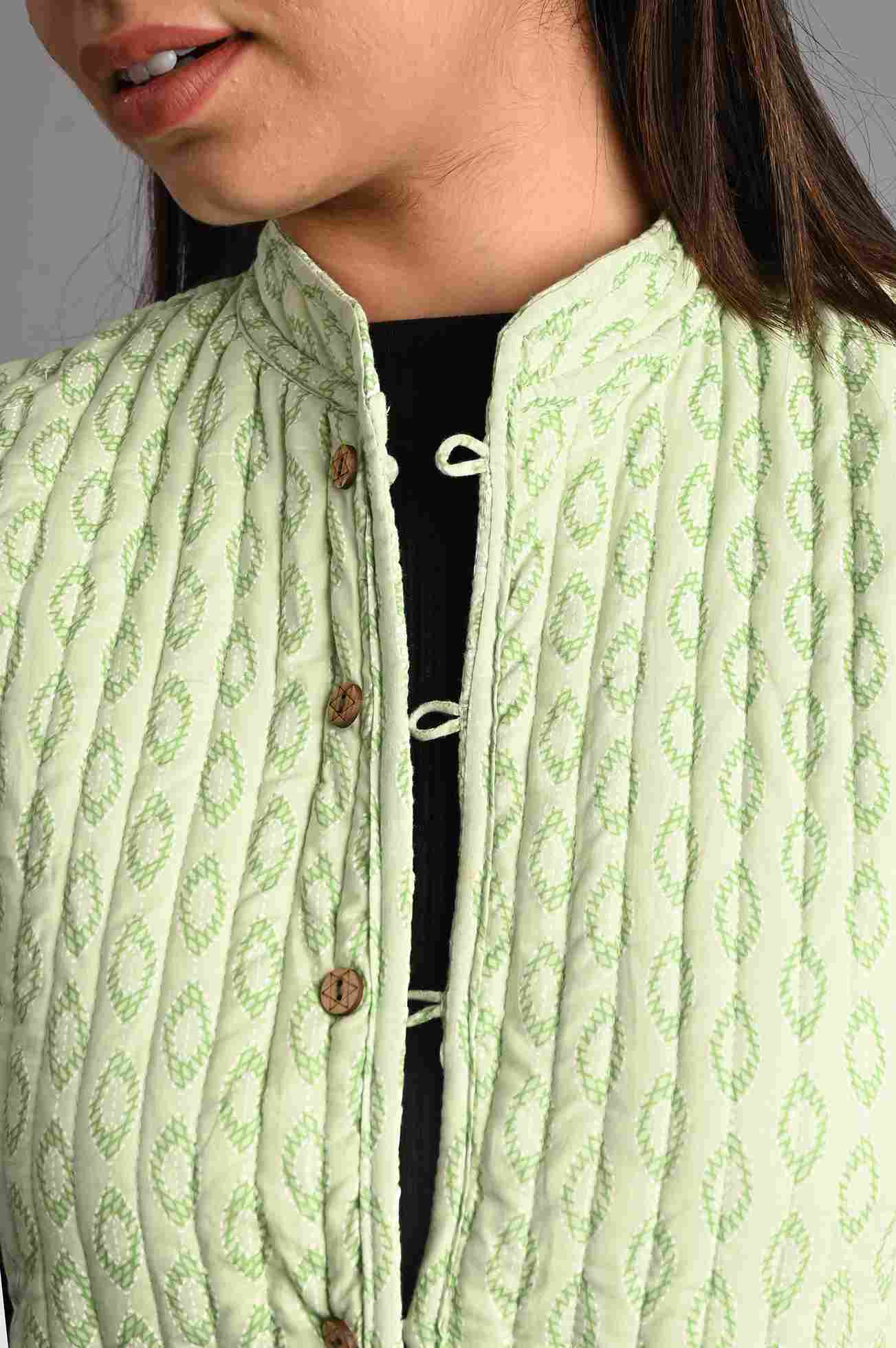 Winter Pista Green Sleeveless Reversible Jaipuri Cotton Quilted Jackets For Women