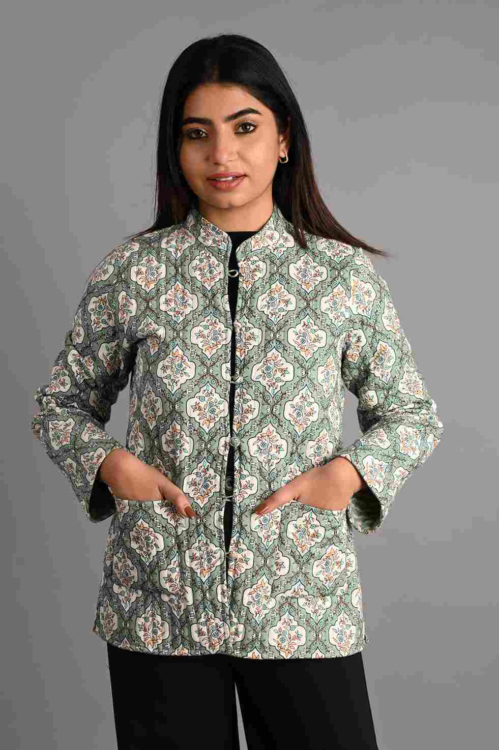 Winter Green Reversible Jaipuri Cotton Quilted Jackets For Women
