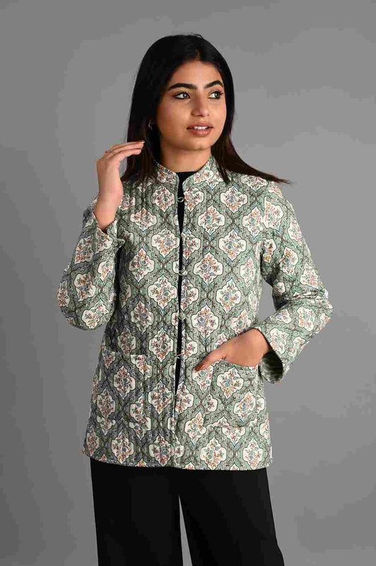 Winter Green Reversible Jaipuri Cotton Quilted Jackets For Women