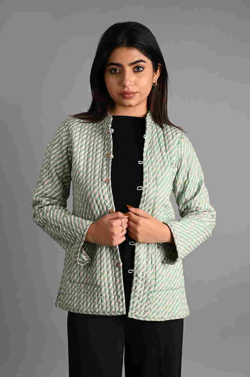 Winter Green Reversible Jaipuri Cotton Quilted Jackets For Women