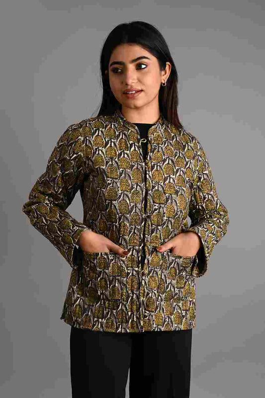 Winter Green & Brown Reversible Jaipuri Cotton Quilted Jackets For Women
