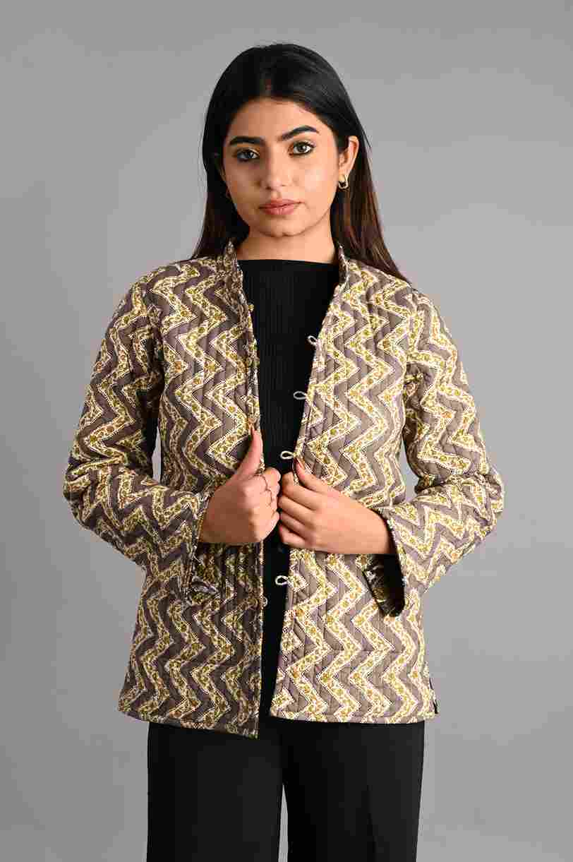 Winter Green & Brown Reversible Jaipuri Cotton Quilted Jackets For Women