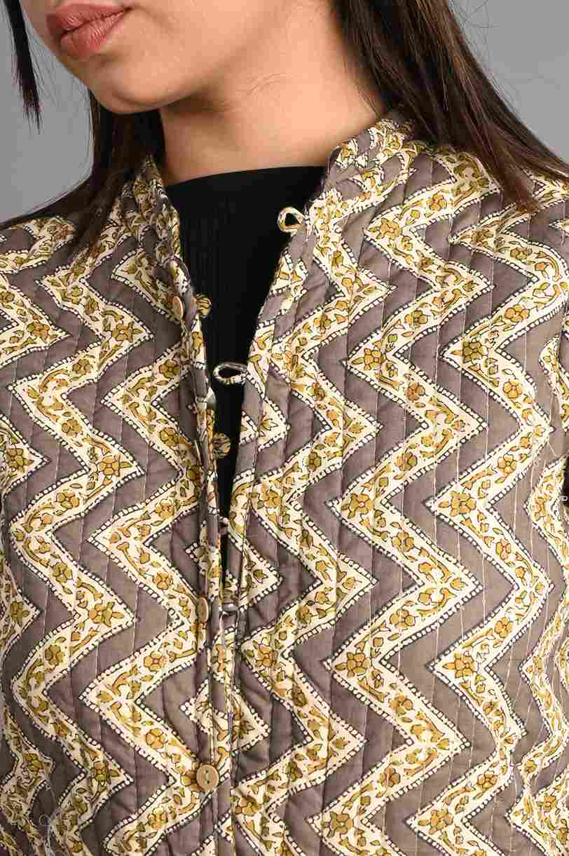 Winter Green & Brown Reversible Jaipuri Cotton Quilted Jackets For Women