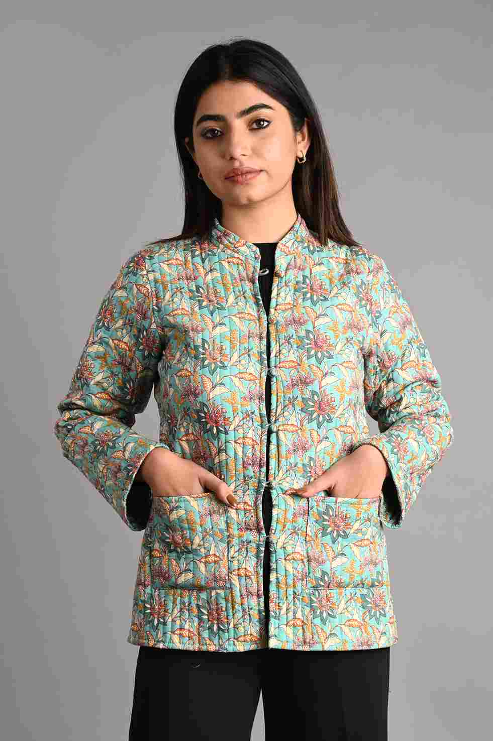Winter Sea Green Reversible Jaipuri Cotton Quilted Jackets For Women