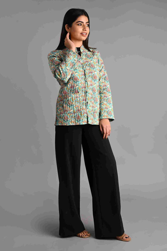 Winter Sea Green Reversible Jaipuri Cotton Quilted Jackets For Women