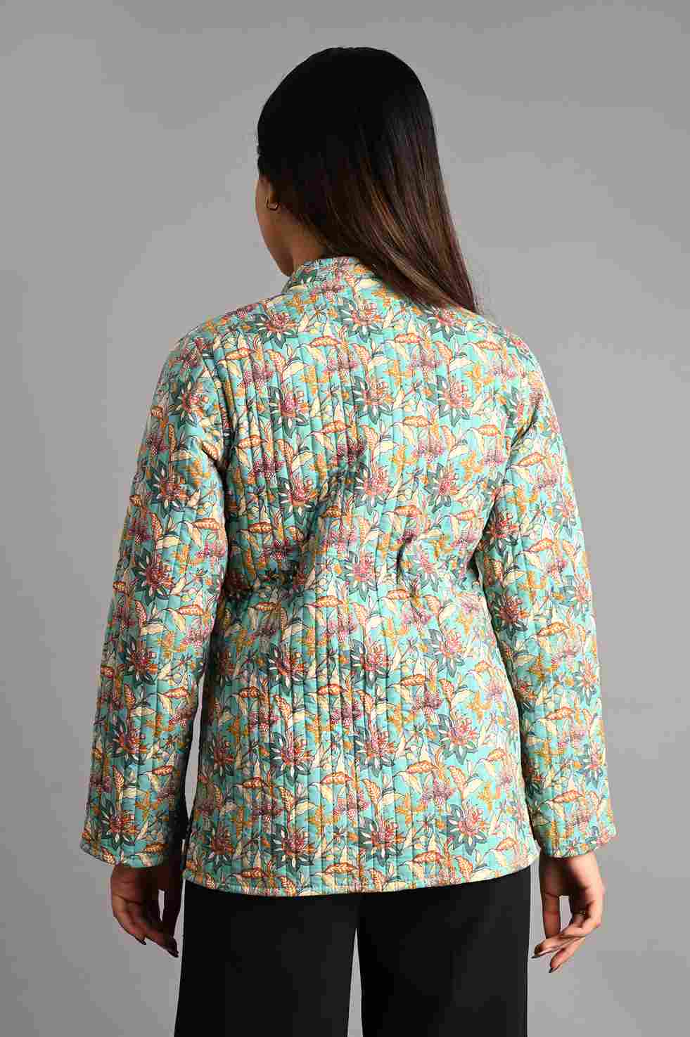 Winter Sea Green Reversible Jaipuri Cotton Quilted Jackets For Women
