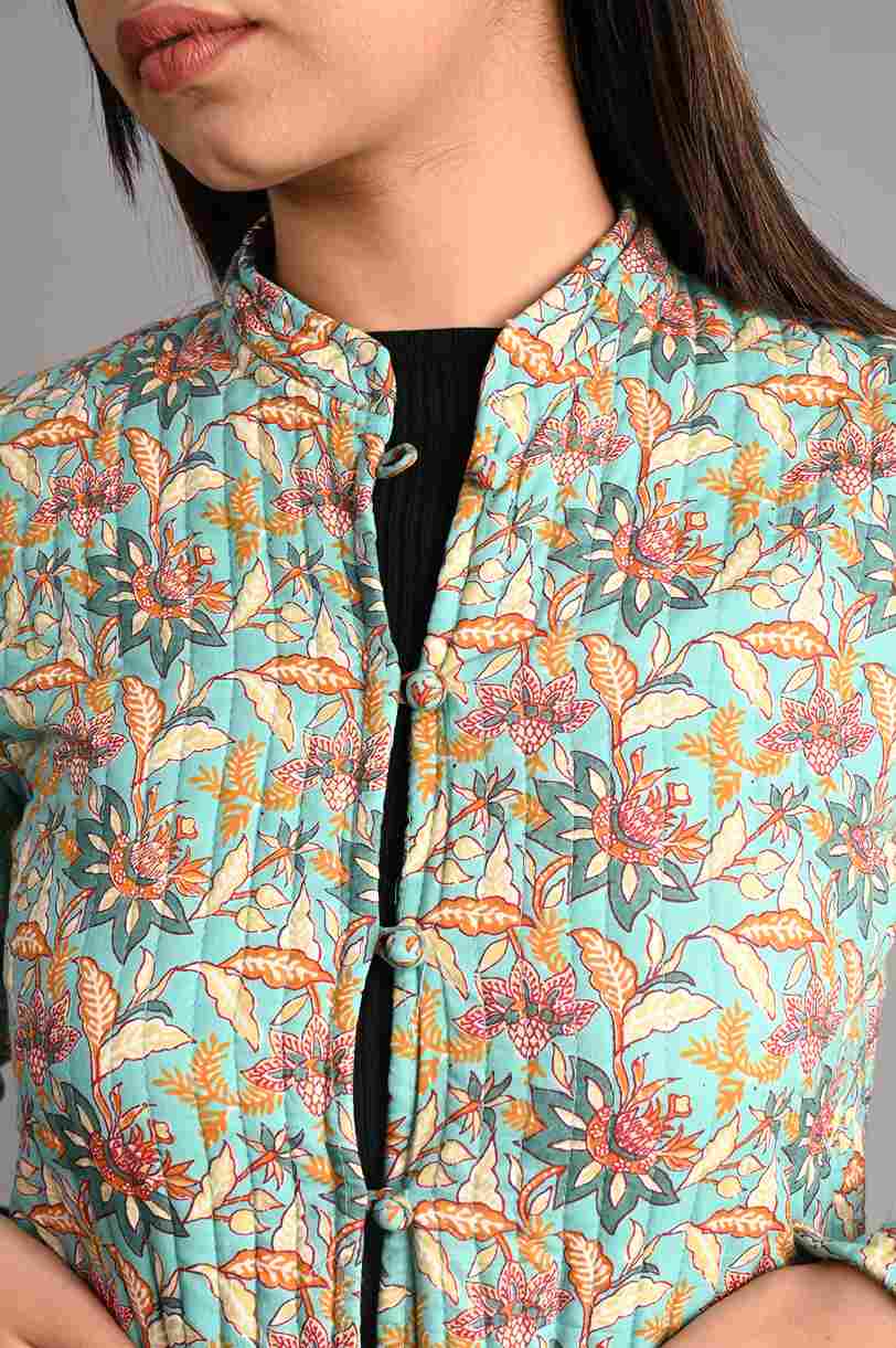 Winter Sea Green Reversible Jaipuri Cotton Quilted Jackets For Women
