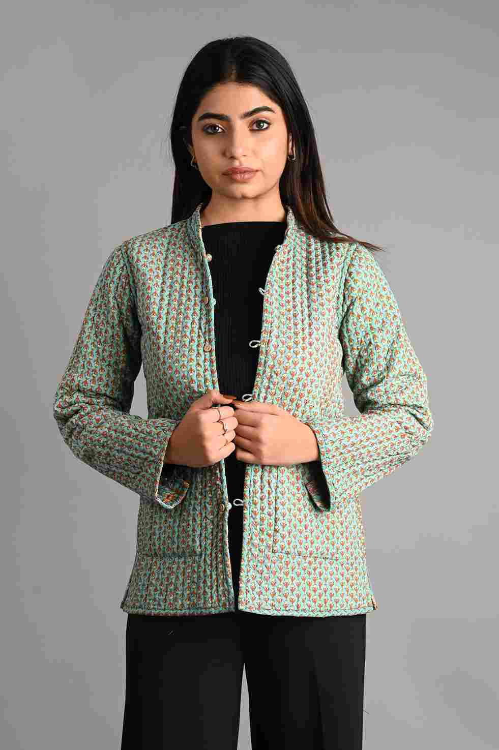 Winter Sea Green Reversible Jaipuri Cotton Quilted Jackets For Women